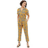 Women's Polyester Printed Half Sleeve Long Jumpsuit (Yellow)